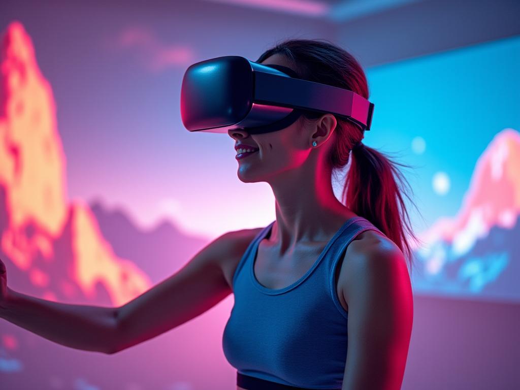 Femme utilisant un casque de réalité virtuelle pour un cours de fitness immersif