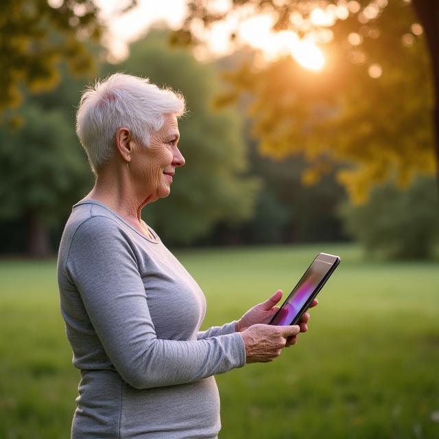 Senior utilisant une tablette pour suivre son programme de fitness adapté